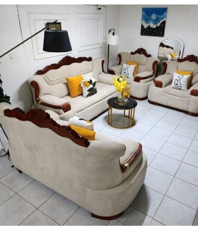 7-Seater Fabric Sofa Set with Solid Wooden Accents.