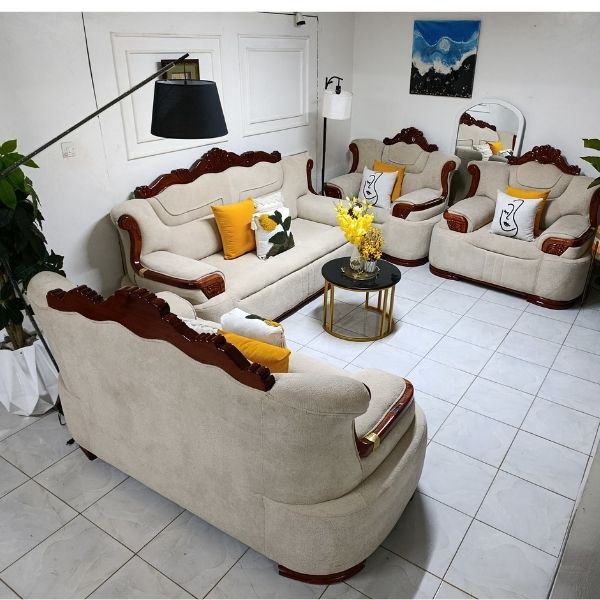 7-Seater Fabric Sofa Set with Solid Wooden Accents.