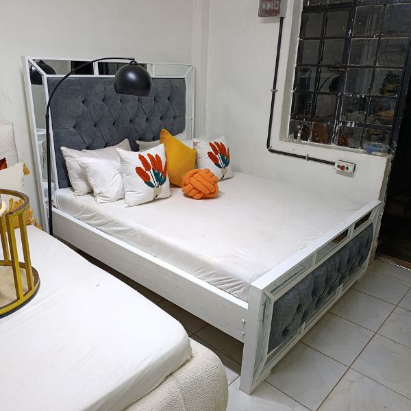 5by6Bed Grey Fabric Headboard with Mirror Design