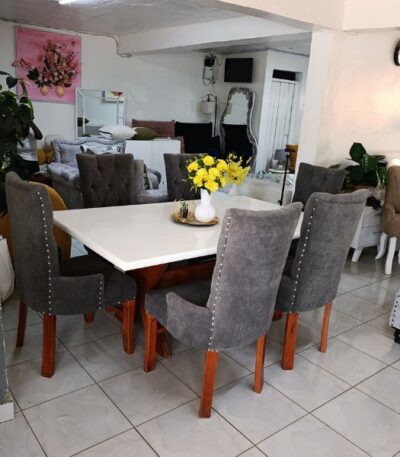 6-Seater Modern Dining Table Set White Tabletop with Grey