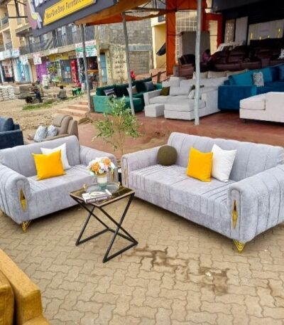 Modern-5-Seater-SofaSet Grey-Velvet-with-Gold-Accent