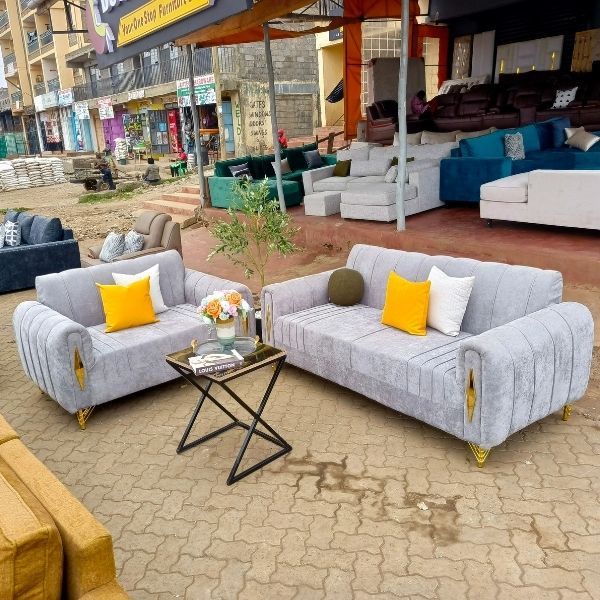 Modern-5-Seater-SofaSet Grey-Velvet-with-Gold-Accent