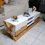 White TV Stand with Brown BaseXDesign