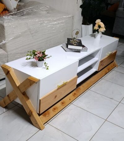 White TV Stand with Brown BaseXDesign