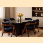 6Seater Luxury Dining Set Black Marble Top with Navy Velvet Chairs