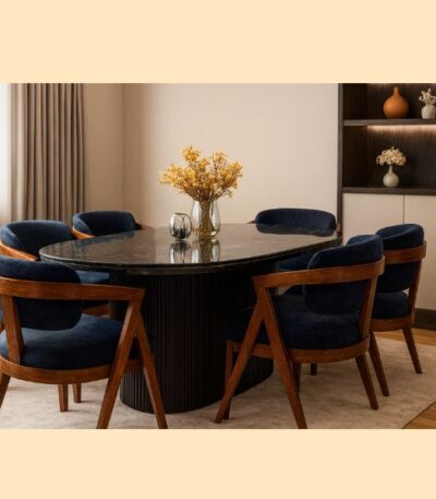 6Seater Luxury Dining Set Black Marble Top with Navy Velvet Chairs