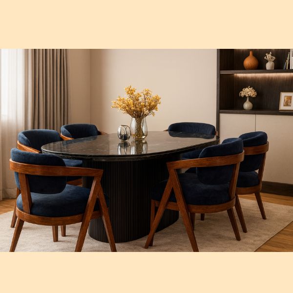6Seater Luxury Dining Set Black Marble Top with Navy Velvet Chairs