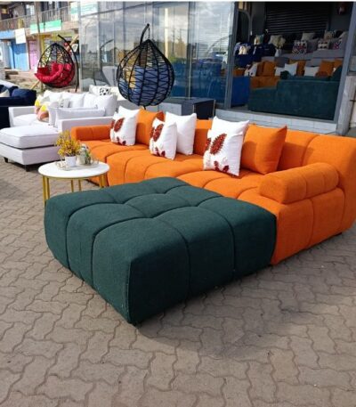 L-Shaped 6 Seater Bubble Sofa Green & Orange