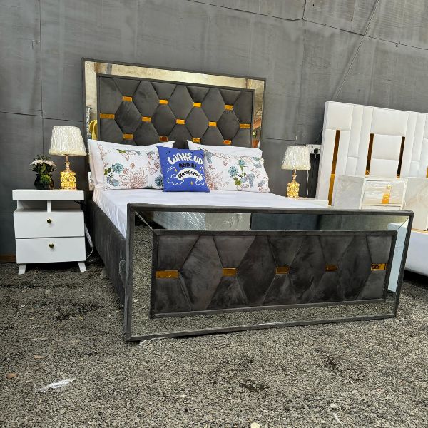 Luxury 5by6 Grey Upholstered Bed with Gold Accent Detailing