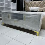 Modern Grey TV Stand with Gold Accents