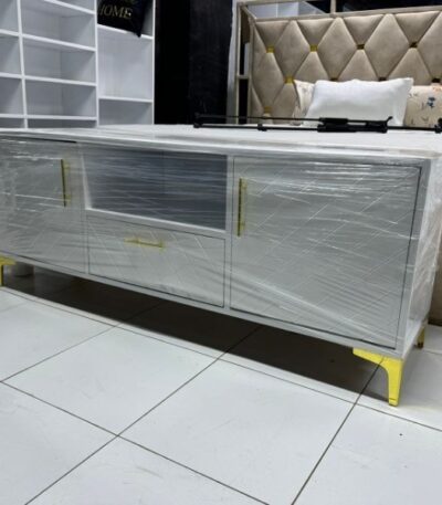 Modern Grey TV Stand with Gold Accents