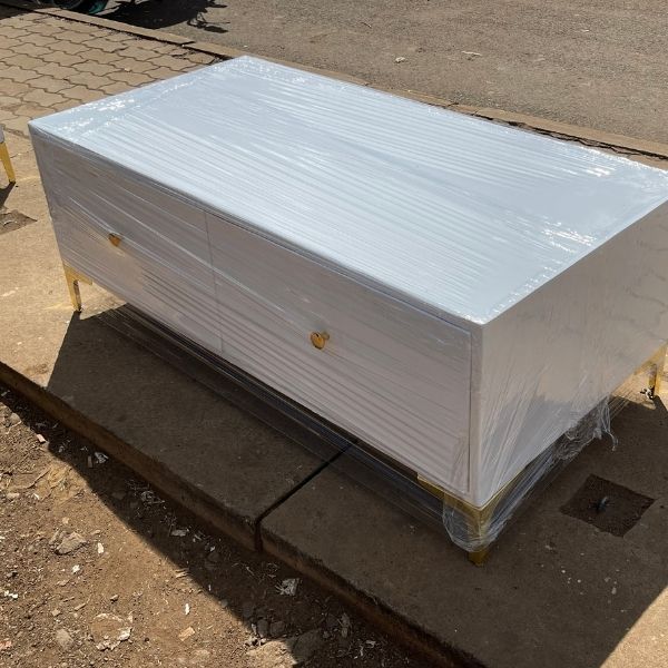 Modern White Storage Coffee Table with Gold Accents