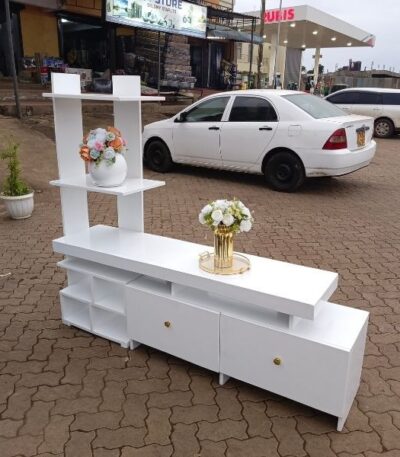 Modern White TV Stand with Side Shelves