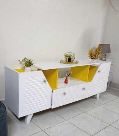 Modern White TV Stand with Yellow Accents