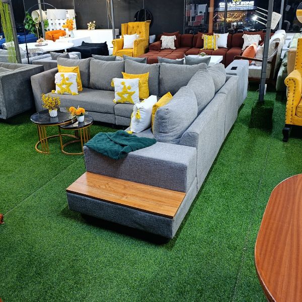 Grey 7-Seater Sectional Sofa with Inbuilt Spring Cushions